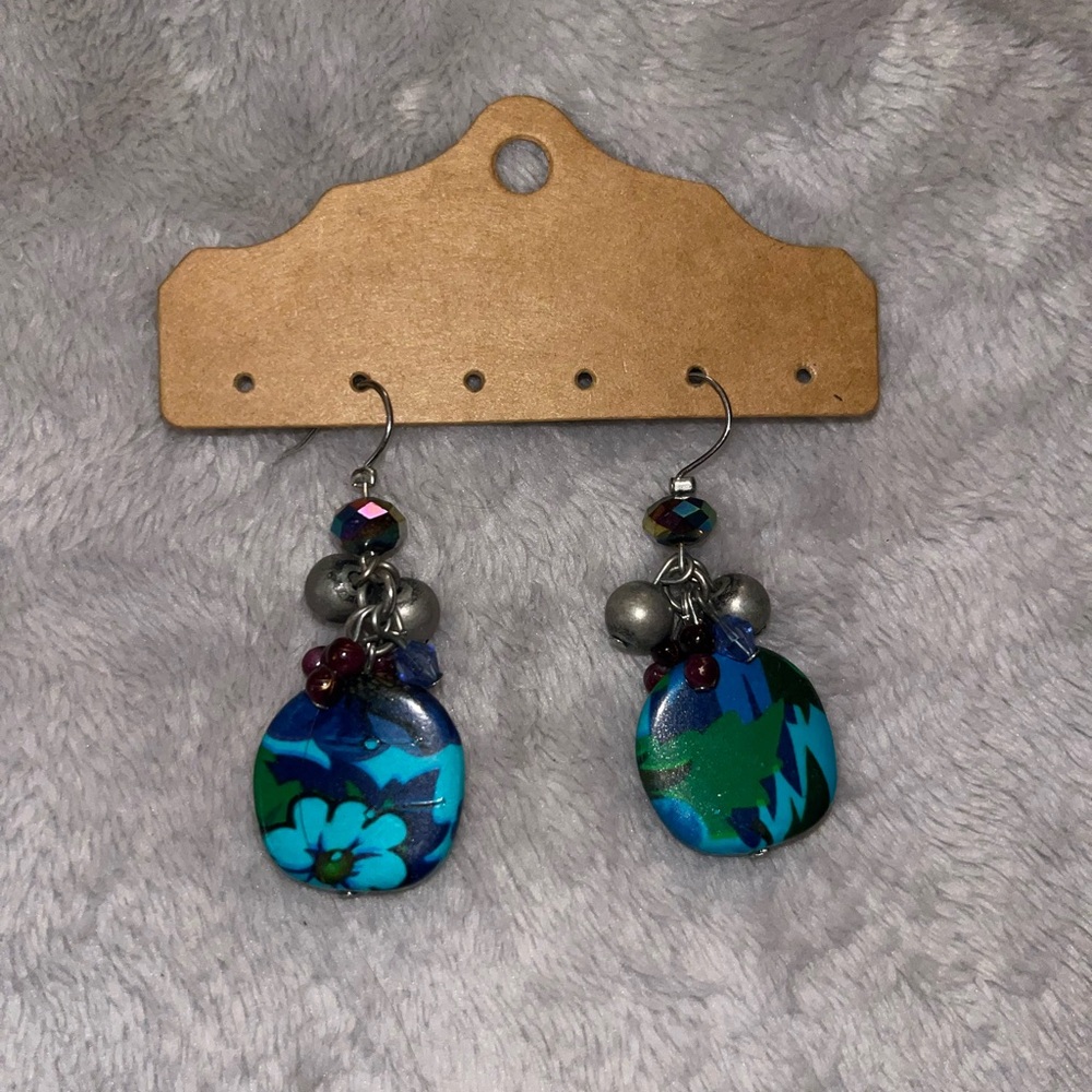 Floral Blue and Green Earrings